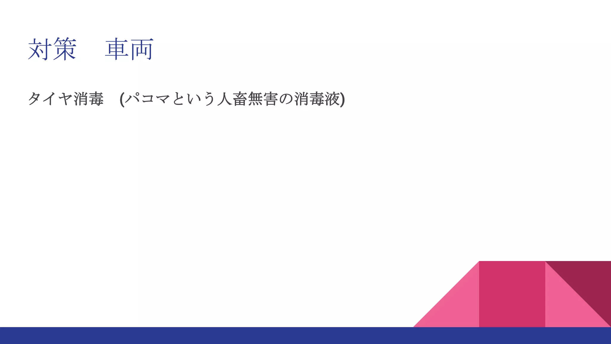対策 車両
タイヤ消毒 (パコマという人畜無害の消毒液)
 