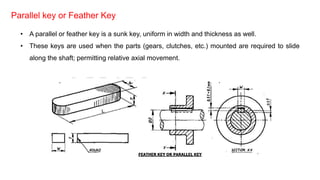 Parallel key or Feather Key
• A parallel or feather key is a sunk key, uniform in width and thickness as well.
• These keys are used when the parts (gears, clutches, etc.) mounted are required to slide
along the shaft; permitting relative axial movement.
 