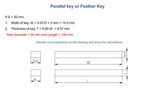 If D = 50 mm,
1. Width of key, W = 0.25 D + 2 mm = 14.5 mm
2. Thickness of key, T = 0.66 W = 9.57 mm
Parallel key or Feather Key
Take diameter = 50 mm and Length = 100 mm
Indicate only proportions on the drawing and show the calculations
 