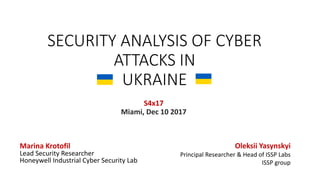 SECURITY ANALYSIS OF CYBER
ATTACKS IN
UKRAINE
Marina Krotofil
Lead Security Researcher
Honeywell Industrial Cyber Security Lab
S4x17
Miami, Dec 10 2017
Oleksii Yasynskyi
Principal Researcher & Head of ISSP Labs
ISSP group
 