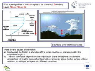 Wind speed profiles in the Atmospheric (or planetary) Boundary
Layer, ABL or PBL or BL
Boundary layer thickness varies
 