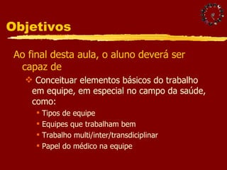 Objetivos Ao final desta aula, o aluno deverá ser capaz de Conceituar elementos básicos do trabalho em equipe, em especial no campo da saúde, como: Tipos de equipe Equipes que trabalham bem Trabalho multi/inter/transdiciplinar Papel do médico na equipe 