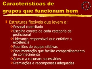 Características de  grupos que funcionam bem Estruturas flexíveis que levem a: Pessoal capacitado Escolha correta de cada categoria de profisisonal Liderança responsável que enfatize a excelência Reuniões de equipe efetivas Documentação que facilite compartilhamento de conhecimento Acesso a recursos necessários Premiações e recompensas adequadas 