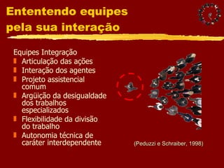 Ententendo equipes  pela sua interação Equipes Integração Articulação das ações Interação dos agentes Projeto assistencial comum Argüição da desigualdade dos trabalhos especializados Flexibilidade da divisão do trabalho Autonomia técnica de caráter interdependente (Peduzzi e Schraiber, 1998) 