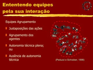 Ententendo equipes  pela sua interação Equipes Agrupamento Justaposições das ações Agrupamento dos agentes Autonomia técnica plena; ou Ausência de autonomia técnica (Peduzzi e Schraiber, 1998) 