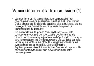 Vaccin bloquant la transmission (1)
• La première est la transmigration du parasite (ou
ookinète) à travers la barrière intestinale du moustique.
Cette phase est la cible de vaccins dits ‘altruistes', qui ne
protègent pas l'individu vacciné mais bloquent la
transmission du parasite.
• La seconde est la phase ‘pré-érythrocytaire'. Elle
comporte le voyage du sporozoïte depuis le site de
piqûre par le moustique jusqu'à un hépatocyte, ainsi que
la différenciation intra-hépatocytaire du parasite dans la
forme qui infectera les globules rouges et causera les
symptômes de la maladie. Les vaccins pré-
érythrocytaires visent à empêcher l'entrée du sporozoïte
dans l'hépatocyte et/ou son développement intra-
hépatocytaire.
 