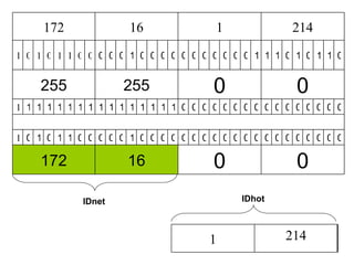 172             16               1              214
1 0 1 0 1 1 0 0 0 0 0 1 0 0 0 0 0 0 0 0 0 0 0 1 1 1 0 1 0 1 1 0


    255             255               0               0
1 1 1 1 1 1 1 1 1 1 1 1 1 1 1 1 0 0 0 0 0 0 0 0 0 0 0 0 0 0 0 0


1 0 1 0 1 1 0 0 0 0 0 1 0 0 0 0 0 0 0 0 0 0 0 0 0 0 0 0 0 0 0 0

    172              16               0               0
            IDnet                          IDhot



                                     1             214
 
