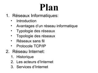 Plan
1. Réseaux Informatiques:
  •   Introduction
  •   Avantages d’un réseau informatique
  •   Typologie des réseaux
  •   Topologie des réseaux
  •   Réseaux sans fil
  •   Protocole TCP/IP
2. Réseau Internet:
  1. Historique
  2. Les acteurs d’Internet
  3. Services d’Internet
 