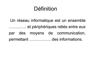 Définition

Un réseau informatique est un ensemble
…………. et périphériques reliés entre eux
par   des   moyens   de   communication,
permettant ……………. des informations.
 