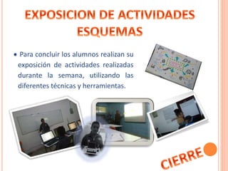  Para concluir los alumnos realizan su 
exposición de actividades realizadas 
durante la semana, utilizando las 
diferentes técnicas y herramientas. 
 