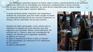 Las preguntas pretenden generar el interés sobre el tema, y posteriormente se da una breve
explicación acerca de las actividades que realizamos cotidianamente y de los recursos
con los que contamos para realizarlas, así como de los importante que es llevar a cabo
una planeación para lograr nuestros objetivos.
El grupo participa dando respuesta a las preguntas y
analizan las situaciones que han vivido cuando no hacen
una adecuada distribución de sus recursos financiero, su
tiempo o de los materiales con los que cuentan.
Después de haber participado, se les solicita que se
organicen en equipos de cinco alumnos para que
organicen una actividad. (fiesta, comercialización de
artículos etc.) y lleven a cabo una investigación de
campo y en internet con el siguiente contenido.
a) ¿Qué es un recurso?
b) ¿Qué se necesita para llevar a cabo un evento?
c) ¿Qué actividades son necesarias en la realización
de un evento?
d) ¿Qué es planeación?
 