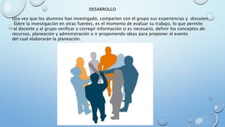 Una vez que los alumnos han investigado, comparten con el grupo sus experiencias y discuten
sobre la investigación en otras fuentes, es el momento de evaluar su trabajo, lo que permite
al docente y al grupo verificar y corregir información si es necesario, definir los conceptos de:
recursos, planeación y administración e ir proponiendo ideas para proponer el evento
del cual elaborarán la planeación.
DESARROLLO
 