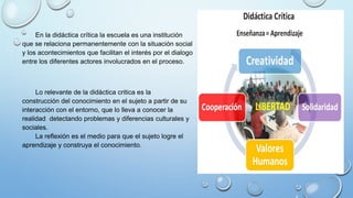 En la didáctica crítica la escuela es una institución
que se relaciona permanentemente con la situación social
y los acontecimientos que facilitan el interés por el dialogo
entre los diferentes actores involucrados en el proceso.
Lo relevante de la didáctica critica es la
construcción del conocimiento en el sujeto a partir de su
interacción con el entorno, que lo lleva a conocer la
realidad detectando problemas y diferencias culturales y
sociales.
La reflexión es el medio para que el sujeto logre el
aprendizaje y construya el conocimiento.
 