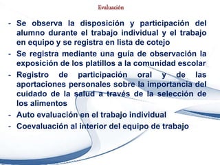 Evaluación
- Se observa la disposición y participación del
alumno durante el trabajo individual y el trabajo
en equipo y se registra en lista de cotejo
- Se registra mediante una guía de observación la
exposición de los platillos a la comunidad escolar
- Registro de participación oral y de las
aportaciones personales sobre la importancia del
cuidado de la salud a través de la selección de
los alimentos
- Auto evaluación en el trabajo individual
- Coevaluación al interior del equipo de trabajo
 