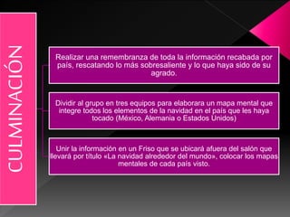 CULMINACIÓN
Realizar una remembranza de toda la información recabada por
país, rescatando lo más sobresaliente y lo que haya sido de su
agrado.
Dividir al grupo en tres equipos para elaborara un mapa mental que
integre todos los elementos de la navidad en el país que les haya
tocado (México, Alemania o Estados Unidos)
Unir la información en un Friso que se ubicará afuera del salón que
llevará por título «La navidad alrededor del mundo», colocar los mapas
mentales de cada país visto.
 