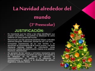 JUSTIFICACIÓN:
• Es importante que los niños y las niñas identifiquen sus
propias costumbres y encuentren la diferencia de cómo
celebran en otras partes del mundo.
• Reconozcan que las personas tenemos rasgos culturales
distintos (lenguas, tradiciones, formas de ser y de vivir);
• Compartan experiencias de su vida familiar y se
aproximen al conocimiento de la cultura propia y de otras
mediante distintas fuentes de información (otras
personas, medios de comunicación masiva a su alcance:
impresos, electrónicos).
• Se apropien de los valores y principios necesarios para
la vida en comunidad, actuando con base en el respeto a
los derechos de los demás; el ejercicio de
responsabilidades; la justicia y la tolerancia; el
reconocimiento y aprecio a la diversidad de género,
lingüística, cultural y étnica.
 