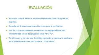 EVALUACIÓN
 Escribirán cuentos de terror o suspenso empleando conectivos para dar
suspenso.
 Compilación de cuentos de misterio o terror para su publicación.
 Con los 35 cuentos diferentes se elaborará un engargolado que será
intercambiado con los dos grupos de sexto “B” y “C”.
 Por último en la hora de aula de medios escribirán su cuento y lo publicarán
en la plataforma de la escuela primaria “18 de marzo”.
 