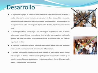 Desarrollo
 Se organizara al grupo en forma de mesa redonda en donde todos se vean de frente y
puedan mirarse a los ojos al momento de interactuar sin darse las espaldas, a los cuales
anteriormente ya se les solicito buscar información correspondiente a la comunicación en
las organizaciones, todos sin excepción alguna deben de estar preparados con el mismo
tema.
 El docente procederá al azar a elegir a una persona para la apertura del tema, el alumno
seleccionado pasara al frente y mirando de frente a todos sus compañeros realizara la
apertura del tema relacionado a la comunicación en las organizaciones, así como la
importancia en ellas.
 Al comenzar el desarrollo del tema los demás participantes podrán participar dando sus
puntos de vista o complementando al información del compañero.
 El profesor interrumpirá el desarrollo del tema, dándole la participación a otro alumno
para que pase al frente u continúe con la participación del desarrollo del tema y así
sucesiva mente, el docente decide quienes y cuantos participan y el resto del grupo puede
debatir y complementar la información.
 