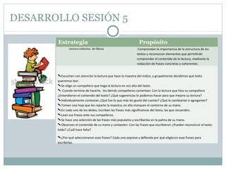 DESARROLLO SESIÓN 5
Estrategia Propósito
Lectura colectiva de fábula Comprendan la importancia de la estructura de los
textos y reconozcan elementos que permitirán
comprender el contenido de la lectura, mediante la
redacción de frases concretas y coherentes.
Escuchen con atención la lectura que hace la maestra del índice, y grupalmente decidimos qué texto
queremos leer.
Se elige un compañero que haga la lectura en voz alta del texto.
 Cuando termine de hacerlo, los demás compañeros comentan: Con la lectura que hizo su compañero
¿Entendieron el contenido del texto? ¿Qué sugerencias le podemos hacer para que mejore su lectura?
Individualmente contestan ¿Qué fue lo que más les gustó del cuento? ¿Qué le cambiarían o agregarían?
Tomen una hoja que les reparte la maestra, en ella marquen el contorno de su mano.
En cada uno de los dedos, escriban las frases más significativas del texto, las que recuerden.
Lean sus frases ante sus compañeros.
Se hace una selección de las frases más populares y escríbanlas en la palma de su mano.
Observen el contenido de su mano y contesten: Con las frases que escribieron ¿Pueden reconstruir el texto
leído? ¿Cuál hace falta?
¿Por qué seleccionaron esas frases? Cada uno exprese y defienda por qué eligieron esas frases para
escribirlas.
 