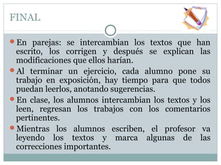 FINAL
En parejas: se intercambian los textos que han
escrito, los corrigen y después se explican las
modificaciones que ellos harían.
Al terminar un ejercicio, cada alumno pone su
trabajo en exposición, hay tiempo para que todos
puedan leerlos, anotando sugerencias.
En clase, los alumnos intercambian los textos y los
leen, regresan los trabajos con los comentarios
pertinentes.
Mientras los alumnos escriben, el profesor va
leyendo los textos y marca algunas de las
correcciones importantes.
 
