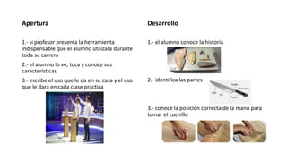 Apertura
1.- el profesor presenta la herramienta
indispensable que el alumno utilizará durante
toda su carrera
2.- el alumno lo ve, toca y conoce sus
características
3.- escribe el uso que le da en su casa y el uso
que le dará en cada clase práctica
Desarrollo
1.- el alumno conoce la historia
2.- identifica las partes
3.- conoce la posición correcta de la mano para
tomar el cuchillo
 