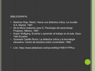 BIBLIOGRAFIA:
• Martinez Rojo, Martin. Hacia una didáctica critica. La muralla
S.A. Madrid, 1997.
• De la Mora Ledezma Jose G. Psicologia del aprendizaje.
Progreso. México, 1997.
• Kuper Wolfgang. Enseñar y aprender el trabajo en el aula. Abya-
Yala Ecuador.
• Quesada Castillo Rocio. La didáctica critica y la tecnología
educativa. Centro de estudios sobre universidad, 1990.
• Link: https://www.slideshare.net/secret/MojcYKBVVYPRvu
 