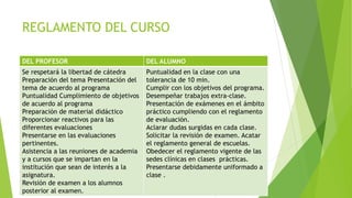 REGLAMENTO DEL CURSO
DEL PROFESOR DEL ALUMNO
Se respetará la libertad de cátedra
Preparación del tema Presentación del
tema de acuerdo al programa
Puntualidad Cumplimiento de objetivos
de acuerdo al programa
Preparación de material didáctico
Proporcionar reactivos para las
diferentes evaluaciones
Presentarse en las evaluaciones
pertinentes.
Asistencia a las reuniones de academia
y a cursos que se impartan en la
institución que sean de interés a la
asignatura.
Revisión de examen a los alumnos
posterior al examen.
Puntualidad en la clase con una
tolerancia de 10 min.
Cumplir con los objetivos del programa.
Desempeñar trabajos extra-clase.
Presentación de exámenes en el ámbito
práctico cumpliendo con el reglamento
de evaluación.
Aclarar dudas surgidas en cada clase.
Solicitar la revisión de examen. Acatar
el reglamento general de escuelas.
Obedecer el reglamento vigente de las
sedes clínicas en clases prácticas.
Presentarse debidamente uniformado a
clase .
 