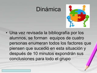 Dinámica
• Una vez revisada la bibliografía por los
alumnos, se forman equipos de cuatro
personas enumeran todos los factores que
piensen que sucedió en esta situación y
después de 10 minutos expondrán sus
conclusiones para todo el grupo
 