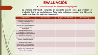 EVALUACIÓN
 Autoevaluación del desarrollo del proyecto
De manera individual, completa el siguiente cuadro para que evalúen el
producto final y su socialización. Para cada indicador, pongan una (X) en la
casilla que describa mejor su desempeño.
Indicadores Sí, muy bien Sí, pero con dificultad No lo conseguí
Analicé las características de los
anuncios publicitarios que
seleccionamos
Participé en la discusión sobre el
impacto de los mensajes
publicitarios
Identifiqué los recursos
lingüísticos y visuales que
emplean los anuncios publicitarios
para llamar la atención
Apliqué la encuesta a la población
muestra que seleccionamos
Colaboré en el análisis,
interpretación y sistematización
de los resultados de la encuesta
Participé en la exposición del
informe de la encuesta
 
