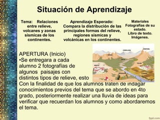 Situación de Aprendizaje
Tema: Relaciones
entre relieve,
volcanes y zonas
sísmicas de los
continentes.
Aprendizaje Esperado:
Compara la distribución de las
principales formas del relieve,
regiones sísmicas y
volcánicas en los continentes.
Materiales
Fotografías de su
estado.
Libro de texto.
Imágenes.
APERTURA (Inicio)
•Se entregara a cada
alumno 2 fotografías de
algunos paisajes con
distintos tipos de relieve, esto
Con la finalidad de que los alumnos traten de indagar
conocimientos previos del tema que se abordo en 4to
grado, posteriormente realizar una lluvia de ideas para
verificar que recuerdan los alumnos y como abordaremos
el tema.
 