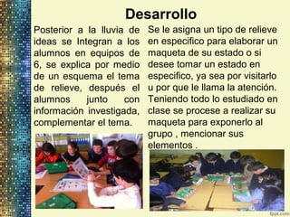 Desarrollo
Posterior a la lluvia de
ideas se Integran a los
alumnos en equipos de
6, se explica por medio
de un esquema el tema
de relieve, después el
alumnos junto con
información investigada,
complementar el tema.
Se le asigna un tipo de relieve
en especifico para elaborar un
maqueta de su estado o si
desee tomar un estado en
especifico, ya sea por visitarlo
u por que le llama la atención.
Teniendo todo lo estudiado en
clase se procese a realizar su
maqueta para exponerlo al
grupo , mencionar sus
elementos .
 