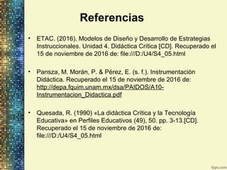 Referencias
• ETAC. (2016). Modelos de Diseño y Desarrollo de Estrategias
Instruccionales. Unidad 4. Didáctica Crítica [CD]. Recuperado el
15 de noviembre de 2016 de: file:///D:/U4/S4_05.html
• Pansza, M. Morán, P. & Pérez, E. (s. f.). Instrumentación
Didáctica. Recuperado el 15 de noviembre de 2016 de:
http://depa.fquim.unam.mx/dsa/PAIDOS/A10-
Instrumentacion_Didactica.pdf
• Quesada, R. (1990) «La didáctica Crítica y la Tecnología
Educativa» en Perfiles Educativos (49), 50. pp. 3-13.[CD].
Recuperado el 15 de noviembre de 2016 de:
file:///D:/U4/S4_05.html
 