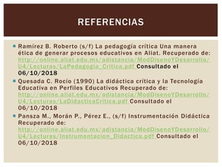 REFERENCIAS
 Ramírez B. Roberto (s/f) La pedagogía crítica Una manera
ética de generar procesos educativos en Aliat. Recuperado de:
http://online.aliat.edu.mx/adistancia/ModDisenoYDesarrollo/
U4/Lecturas/LaPedagogia_Critica.pdf Consultado el
06/10/2018
 Quesada C. Rocío (1990) La didáctica crítica y la Tecnología
Educativa en Perfiles Educativos Recuperado de:
http://online.aliat.edu.mx/adistancia/ModDisenoYDesarrollo/
U4/Lecturas/LaDidacticaCritica.pdf Consultado el
06/10/2018
 Pansza M., Morán P., Pérez E., (s/f) Instrumentación Didáctica
Recuperado de:
http://online.aliat.edu.mx/adistancia/ModDisenoYDesarrollo/
U4/Lecturas/Instrumentacion_Didactica.pdf Consultado el
06/10/2018
 