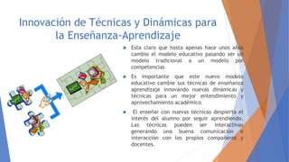 Innovación de Técnicas y Dinámicas para
la Enseñanza-Aprendizaje
 Esta claro que hasta apenas hace unos años
cambio el modelo educativo pasando ser un
modelo tradicional a un modelo por
competencias
 Es importante que este nuevo modelo
educativo cambie sus técnicas de enseñanza
aprendizaje innovando nuevas dinámicas y
técnicas para un mejor entendimiento y
aprovechamiento académico.
 El enseñar con nuevas técnicas despierta el
interés del alumno por seguir aprendiendo.
Las técnicas pueden ser interactivas
generando una buena comunicación e
interacción con los propios compañeros y
docentes.
 