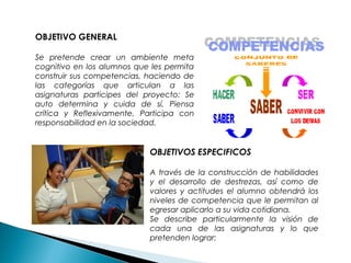 OBJETIVOS ESPECIFICOS
 
A través de la construcción de habilidades
y el desarrollo de destrezas, así como de
valores y actitudes el alumno obtendrá los
niveles de competencia que le permitan al
egresar aplicarlo a su vida cotidiana.
Se describe particularmente la visión de
cada una de las asignaturas y lo que
pretenden lograr:
OBJETIVO GENERAL
Se pretende crear un ambiente meta
cognitivo en los alumnos que les permita
construir sus competencias, haciendo de
las categorías que articulan a las
asignaturas participes del proyecto: Se
auto determina y cuida de sí, Piensa
crítica y Reflexivamente, Participa con
responsabilidad en la sociedad.
 