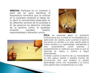 DERECHO. Participar en un contexto a
partir del ser para identificar la
importancia normativa que se instituye
en la sociedad mediante el deber ser,
es decir la normatividad observable en
los diferentes sectores de la sociedad a
fin de preservar los derechos naturales
de la persona como: la igualdad,
empatía, equidad, respeto,
responsabilidad y bienestar común.
ÉTICA. Se pretende crear un ambiente
motivacional que consiste en la sensibilización y
aplicación de valores, pues cuando el alumno
encuentre un sentido a su vida, podrá darle el
mismo sentido a su aprendizaje, atendiendo a
esta característica como premisa y
posteriormente se verificara que todo lo que se
aprende se valora y motiva a seguir
aprendiendo.
Al darse cuenta el alumno de sus necesidades
no sólo aplica valores y respeta normas de
convivencia sino que acepta su propio
aprendizaje como una necesidad y lo busca
para aplicar esas competencias a su vida
 