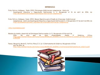 REFERENCIAS
Frola, Patricia. Velásquez, Jesús. (2011) Estrategias didácticas por competencias. Centro de
Investigación Educativa y Capacitación Institucional S. C. Recuperado el 16 de abril de 2016, de:
http://es.slideshare.net/pulquero/estrategias-didcticas-por-competencias
Frola, Patricia. Velásquez, Jesús. (2011) Manual Operativo para el Diseño de Situaciones Didácticas por
Competencias. Centro de Investigación Educativa y Capacitación Institucional S. C. Recuperado el 17 de abril de 2016, de:
http://es.slideshare.net/andri_arg/diseo-de-situaciones-didcticas-por-competencias
http://es.slideshare.net/
Modelos de diseño y desarrollo de Estrategias Instruccionales. (s. f.) Recuperado el 14 de abril de
2016, del sitio web de Aliat Universidades. Sesión 4. Didáctica Crítica.
http://etac.clientes.tralcom.com/tcetac/cursos/MODELOS_DISENO_C/U3/S3_01.html?id_examen_act=1&id_inscripcio
n=493730
Pansza, Margarita. Morán O., Porfirio. Pérez, E. C. (s. f.) Instrumentación Didáctica. Recuperado el 15 de
abril de 2016, de
http://etac.clientes.tralcom.com/tcetac/cursos/MODELOS_DISENO_C/U2/lecturas/Instrumentacion_didactica.pdf
 