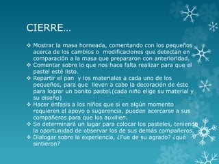 CIERRE…
 Mostrar la masa horneada, comentando con los pequeños
acerca de los cambios o modificaciones que detectan en
comparación a la masa que prepararon con anterioridad.
 Comentar sobre lo que nos hace falta realizar para que el
pastel esté listo.
 Repartir el pan y los materiales a cada uno de los
pequeños, para que lleven a cabo la decoración de éste
para lograr un bonito pastel.(cada niño elige su material y
su diseño)
 Hacer énfasis a los niños que si en algún momento
requieren el apoyo o sugerencia, pueden acercarse a sus
compañeros para que los auxilien.
 Se determinará un lugar para colocar los pasteles, teniendo
la oportunidad de observar los de sus demás compañeros.
 Dialogar sobre la experiencia, ¿Fue de su agrado? ¿qué
sintieron?
 