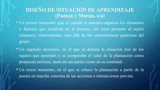 DISEÑO DE SITUACIÓN DE APRENDIZAJE
(Pansza y Morán, s/a)
• Un primer momento, que es cuando el maestro organiza los elementos
o factores que incidirán en el proceso, sin tener presente al sujeto
(alumno), relativamente, más allá de las características genéricas del
grupo.
• Un segundo momento, en el que se detecta la situación real de los
sujetos que aprenden y se comprueba el valor de la planeación como
propuesta teóricas, tanto en sus partes como en su totalidad.
• Un tercer momento, en el que se rehace la planeación a partir de la
puesta en marcha concreta de las acciones o interacciones previas.
 