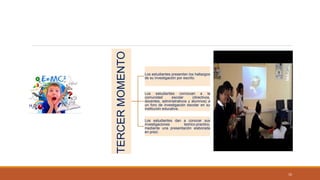 TERCERMOMENTO
Los estudiantes presentan los hallazgos
de su investigación por escrito.
Los estudiantes convocan a la
comunidad escolar (directivos,
docentes, administrativos y alumnos) a
un foro de investigación escolar en su
institución educativa.
Los estudiantes dan a conocer sus
investigaciones teórico-practico,
mediante una presentación elaborada
en prezi.
10
 