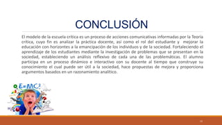 CONCLUSIÓN
El modelo de la escuela crítica es un proceso de acciones comunicativas informadas por la Teoría
crítica, cuyo fin es analizar la práctica docente, así como el rol del estudiante y mejorar la
educación con horizontes a la emancipación de los individuos y de la sociedad. Fortaleciendo el
aprendizaje de los estudiantes mediante la investigación de problemas que se presentan en la
sociedad, estableciendo un análisis reflexivo de cada una de las problemáticas. El alumno
participa en un proceso dinámico e interactivo con su docente al tiempo que construye su
conocimiento el cual puede ser útil a la sociedad, hace propuestas de mejora y proporciona
argumentos basados en un razonamiento analítico.
12
 