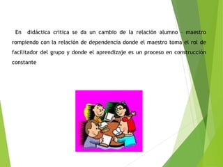 En didáctica critica se da un cambio de la relación alumno – maestro
rompiendo con la relación de dependencia donde el maestro toma el rol de
facilitador del grupo y donde el aprendizaje es un proceso en construcción
constante
 