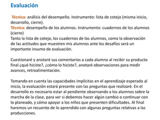 Evaluación
Técnica: análisis del desempeño. Instrumento: lista de cotejo (misma inicio,
desarrollo, cierre).
Técnica: desempeño de los alumnos. Instrumento: cuadernos de los alumnos
(cierre)
Tanto la lista de cotejo, los cuadernos de los alumnos, como la observación
de las actitudes que muestren mis alumnos ante los desafíos será un
importante insumo de evaluación.
Cuestionaré y anotaré sus comentarios a cada alumno al recibir su producto
final ¿qué hiciste?, ¿cómo lo hiciste?, anotaré observaciones para medir
avances, retroalimentación.
Tomando en cuenta las capacidades implícitas en el aprendizaje esperado al
inicio, la evaluación estará presente con las preguntas que realizaré. En el
desarrollo es necesario estar al pendiente observando a los alumnos sobre la
marcha de la clase, para ver si debemos hacer algún cambio o continuar con
lo planeado, y cómo apoyar a los niños que presenten dificultades. Al final
haremos un recuento de lo aprendido con algunas preguntas relativas a las
producciones.
 