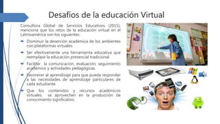 Desafíos de la educación Virtual
Consultora Global de Servicios Educativos (2015),
menciona que los retos de la educación ...