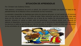 SITUACIÓN DE APRENDIZAJE
Por: Christian Iván Gutiérrez Chávez
Hola asesora y compañeros les envió un saludo, les comparto la actividad que diseñe con base en los
planteamientos de la didáctica crítica considerando los tres momentos.
La actividad a desarrollar es diseñada para todos los alumnos del grupo, el cual cuenta con 24 alumnos
con un rango de edad de entre 4 y 5 años de edad. Debo mencionar que fue un poco difícil tratar este
tema con los niños así que lo relacione con el tema de los medios de comunicación para llamar su
atención, tomando en cuenta su edad, estilo de aprendizaje y el contexto donde viven. Después de
elaborar el diagnóstico inicial se obtuvo la conclusión que en términos de neurolingüística la mayoría de
los alumnos su estilo de aprendizaje que más les favorece es auditivo y visual, por esta razón la mayoría
de las actividades de trabajo son tomando como referencia este dato.
 