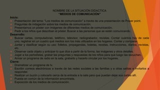 NOMBRE DE LA SITUACIÓN DIDACTICA
“MEDIOS DE COMUNICACIÓN”
Inicio:
 Presentación del tema: "Los medios de comunicación" a través de una presentación de Power point.
 Preguntas de indagación sobre los medios de comunicación.
 Presentamos un póster con imágenes de diferentes medios de comunicación.
 Pedir a los niños que describan el póster. Buscar a las personas que se están comunicando.
Desarrollo:
 Buscar cartas, computadoras, teléfono, televisor, radiograbador, revistas. Contar cuántos hay de cada
uno, registrar en un cuadro qué medios son los más utilizados en los hogares. Contar y comparar.
 Juntar y clasificar según su uso: folletos, propagandas, boletas, recetas, instrucciones, diarios, revistas,
etc.
 Observar cada objeto y anticipar lo que dice a partir de la forma, las imágenes y otros detalles.
 Jugar a los periodistas, grabar las preguntas y respuestas de los niños para que luego las escuchen.
 Armar un programa de radio en la sala, grabarlo y hacerlo circular por los hogares.
Cierre:
 Dramatizar un programa de tv.
 Escribir correos electrónicos a través de las redes sociales a las familias y a otras salitas e invitarlos a
responder.
 Realizar un buzón y colocarlo cerca de la entrada a la sala para que puedan dejar sus cartas allí.
 Puesta en común de la información encontrada.
 Exposición de los medios de comunicación.
 