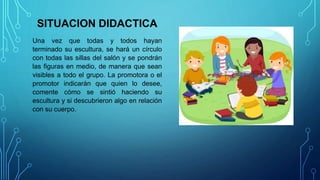 SITUACION DIDACTICA
Una vez que todas y todos hayan
terminado su escultura, se hará un círculo
con todas las sillas del salón y se pondrán
las figuras en medio, de manera que sean
visibles a todo el grupo. La promotora o el
promotor indicarán que quien lo desee,
comente cómo se sintió haciendo su
escultura y si descubrieron algo en relación
con su cuerpo.
 