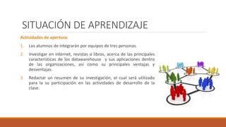SITUACIÓN DE APRENDIZAJE
Actividades de apertura:
1. Los alumnos de integrarán por equipos de tres personas.
2. Investigar en internet, revistas o libros, acerca de las principales
características de los datawarehouse y sus aplicaciones dentro
de las organizaciones, así como su principales ventajas y
desventajas.
3. Redactar un resumen de su investigación, el cual será utilizado
para la su participación en las actividades de desarrollo de la
clase.
 