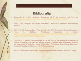 Bibliografía
 Desarrollo, U. I. (s/f). Didáctica. Recuperado el 17 de noviembre del 2016, de
http://moodle2.unid.edu.mx/dts_cursos_mdl/lic/ED/DC/S03/DC03_Lectura.pdf
 SEP. (2011). Programa de Estudio. PRIMARIA . México D.F. Secretaria de Educación
Pública
 UPAV, U. (s/f). Recuperado el 17 de noviembre del 2016, de Unidad II: Proceso Educativo,
Tema II. Didáctica Tradicional ,tecnológica y crítica:
http://www.universidadupav.edu.mx/documentos/BachilleratoVirtual/Contenidos_PE_UPA
V/6Trimestre/PEDA%20I/Unidad2/tema2.pdf
 Vázquez, I. E. (Revista de Investigación No. 58 15/02/2006). Pedagogía Social y Didáctica
Critica: Consideraciones para una práctica educativa orientada a los sectores en situación
de desventaja y exclusión social. Universidad Pedagógica Experimental Libertador.
Instituto Pedagógico de Caracas , 49-62. Recuperado de
 file:///C:/Users/familia/Downloads/Dialnet-PedagogiaSocialYDidacticaCritica-2051094.pdf.
 