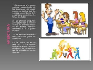 1.- Se organiza al grupo en
equipos (dependiendo de
los integrantes del grupo,
aunque se sugiere que los
equipos sean máximo de 5
personas) y se dosifican los
temas a estudiar.
2.- Se plantean preguntas
generadoras con la finalidad
de que los alumnos infieran
en los hechos históricos
referentes a la II guerra
mundial.
3.- Se exponen de manera
oral y de forma grupal las
inferencias.
4.- Se realiza un escrito
personal con los análisis
realizados acerca del tema
en clase y se retroalimenta
con lo revisado en fuentes
alternas.
 